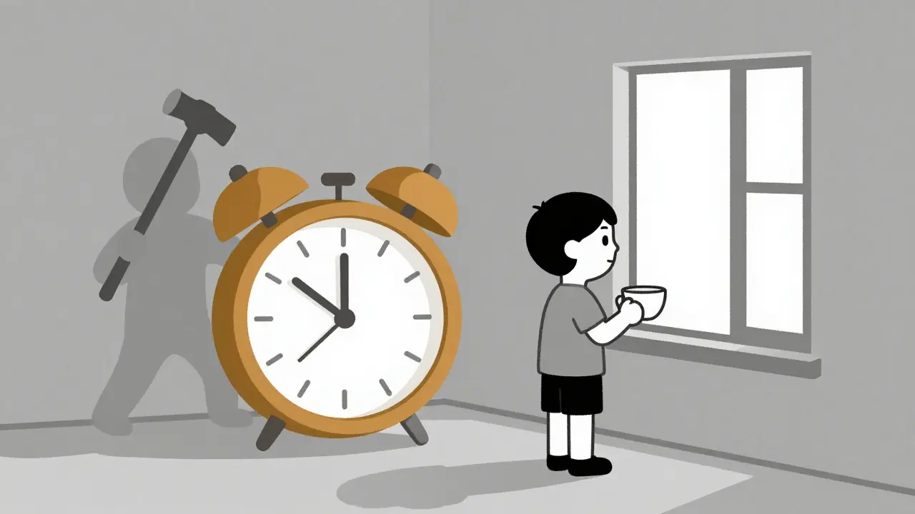 Osoba ignoruje hlásící budík myšlenek a místo toho si užívá čaj.