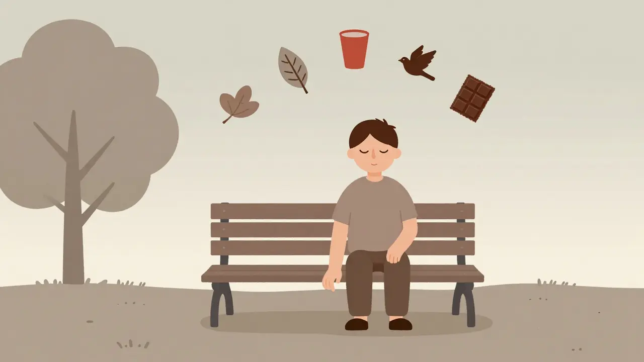 Osoba na lavičce používá techniku 5-4-3-2-1 s pěti senzorickými prvky kolem sebe.