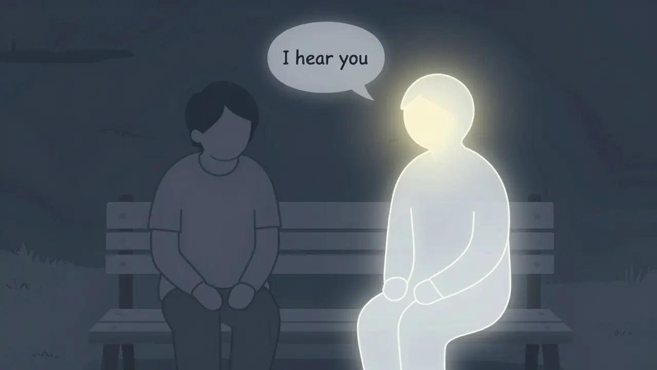 Osoba na lavičce s průhlednou postavou posluchače, která ji vyslechne.