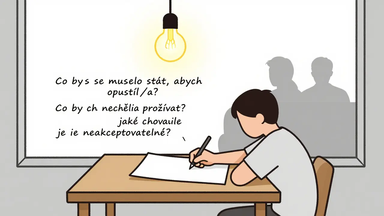 Osoba píše tři otázky o vztahu na papíře, nad ní visí žárovka.