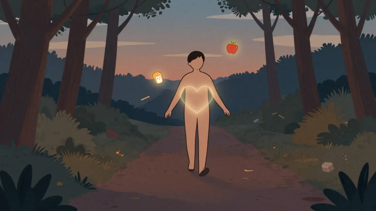 Osoba prochází lesem v soumraku, kolem ní plavou ikony jídla jako přátelé.