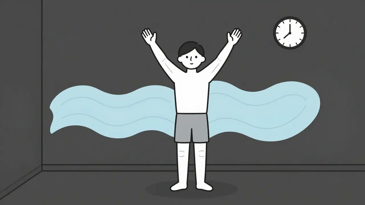 Osoba provádí progresivní svalovou relaxaci, napětí se mění v uvolnění, v pozadí je hodiny.