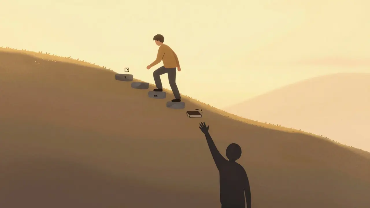 Osoba se šplhá po cestě, každý krok má symbol nezávislosti, za ní se táhne stín, ale nechytá se.