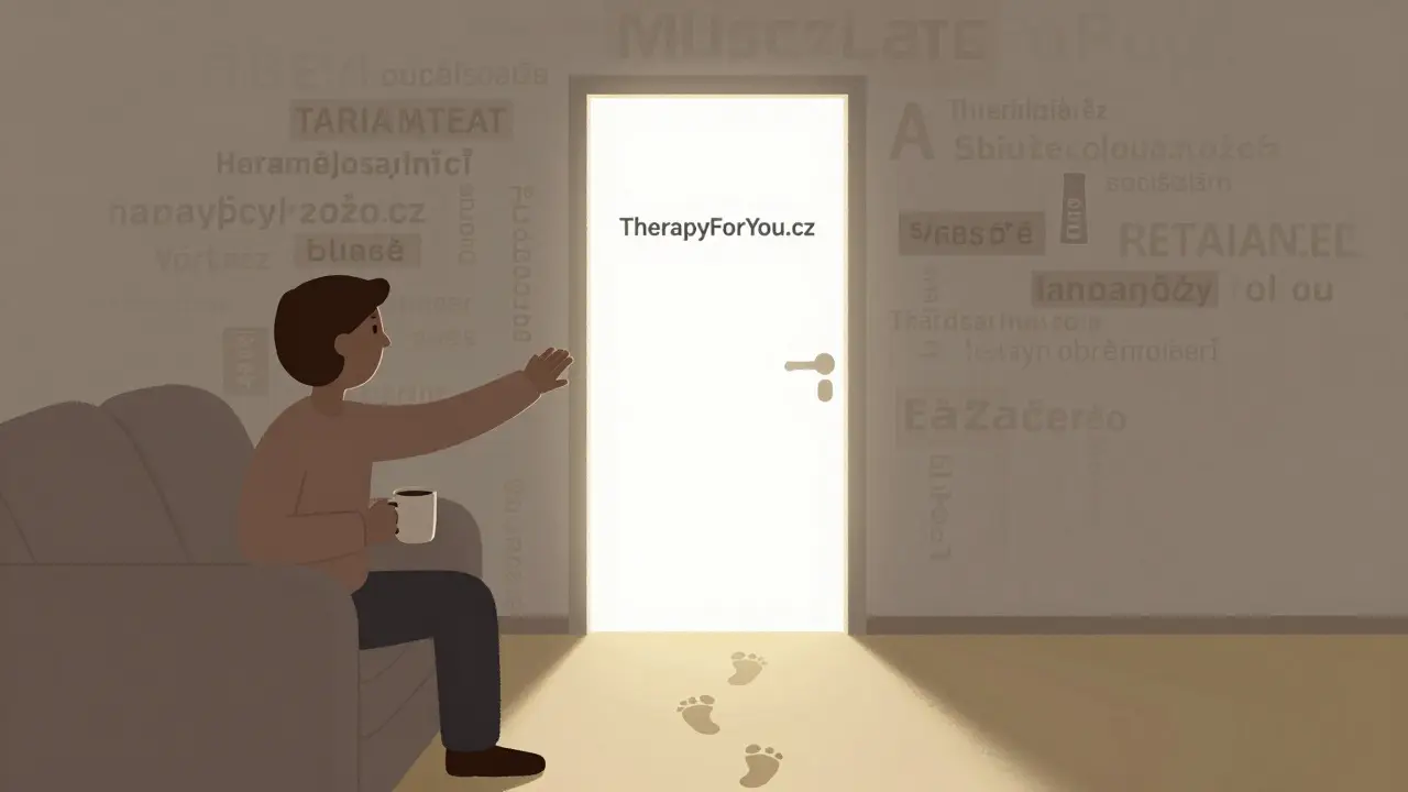 Osoba táhne k otevřenému dveřím s názvem terapie, stínové češtiny za ní, minimalistický styl.