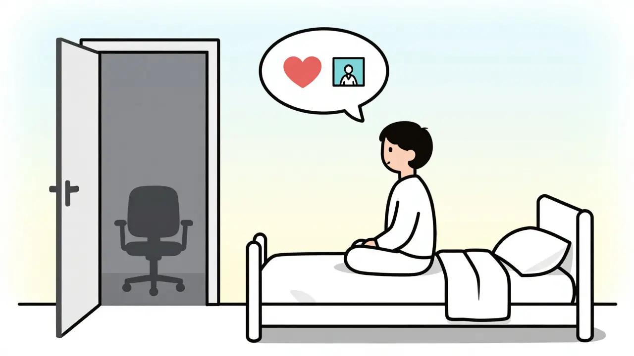 Osoba v pyžamu na posteli s myšlenkovou bublinou obsahující terapeuta na obrazovce.