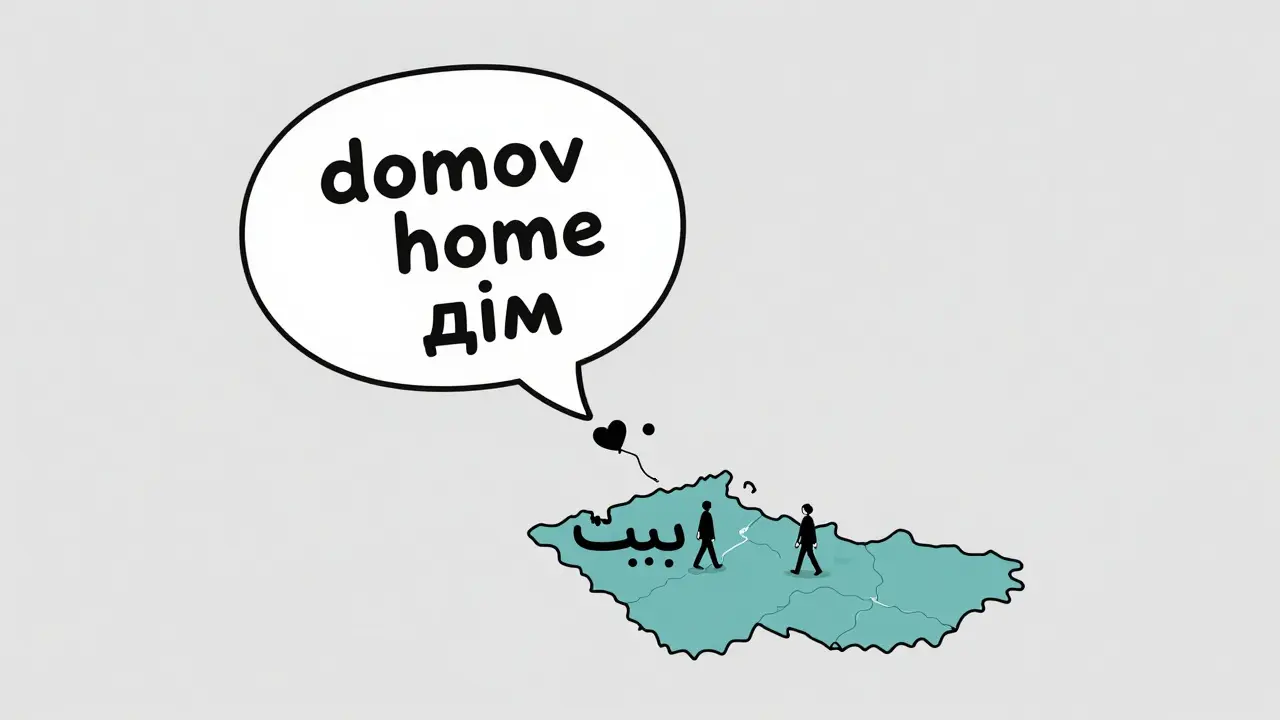 Plavající slova v různých jazycích se mění v mapu Česka, symbolizující ztrátu domova.