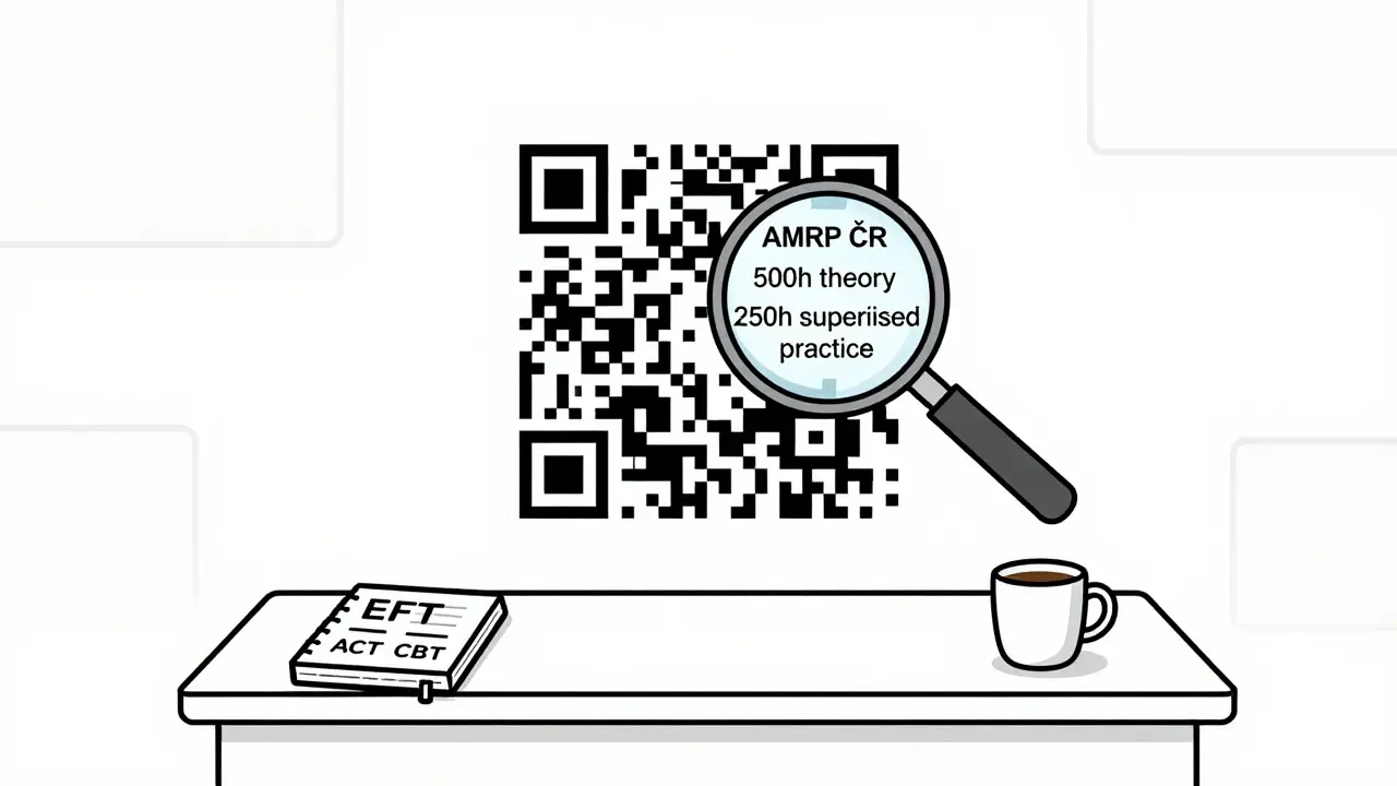 QR kód nad terapeutovým stolem s ověřenými kvalifikacemi AMRP ČR.