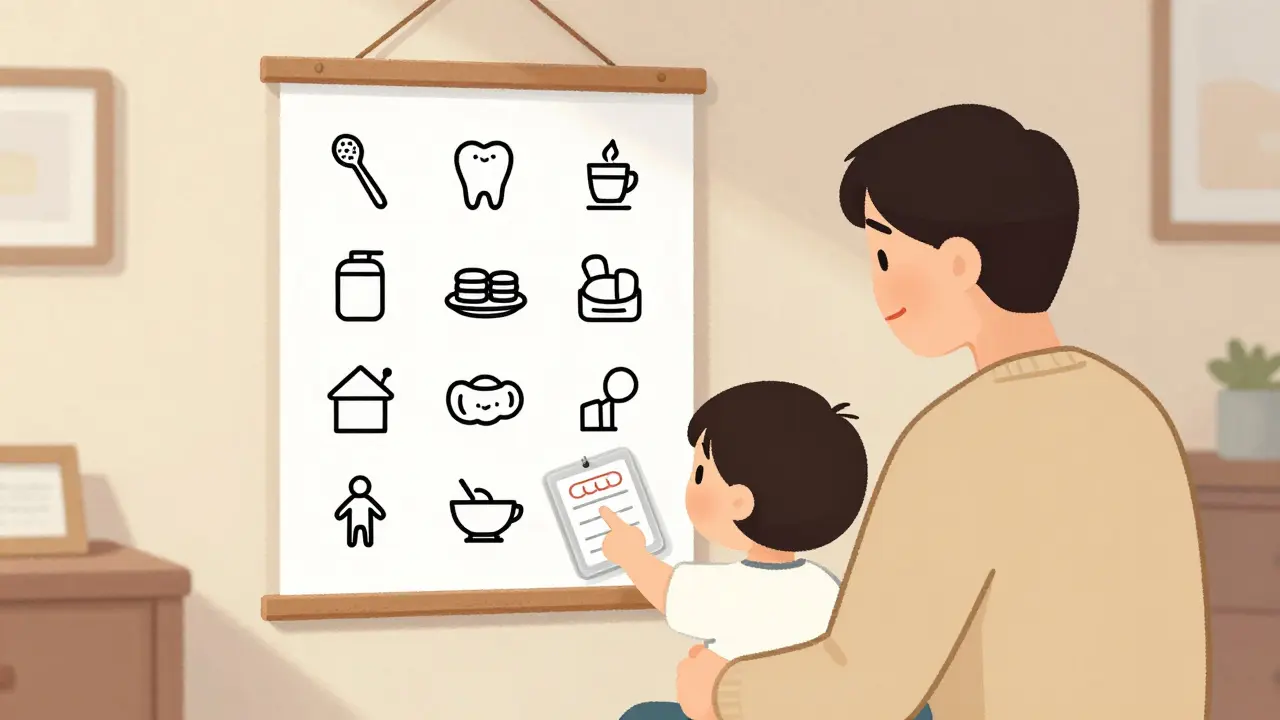 Rodič a dítě společně sledují vizuální denní rozvrh na zdi doma.