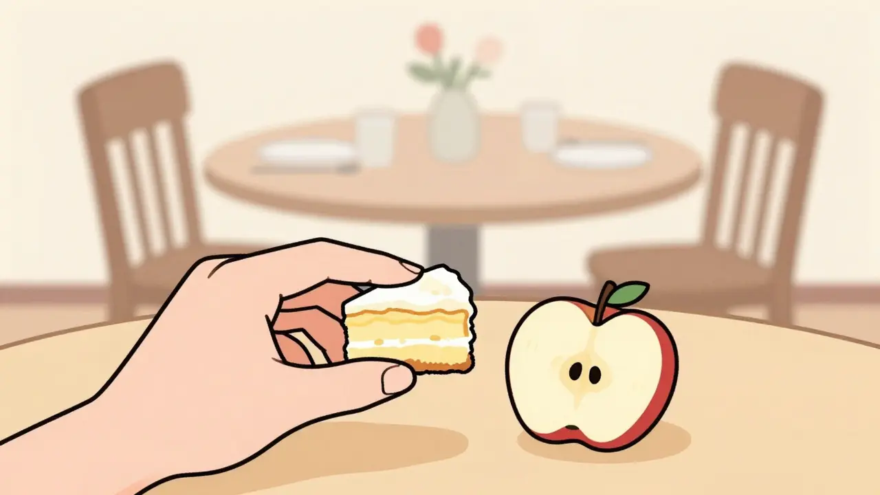 Ruka drží kousek koláče vedle jablka, za nimi dva talíře u stolu.