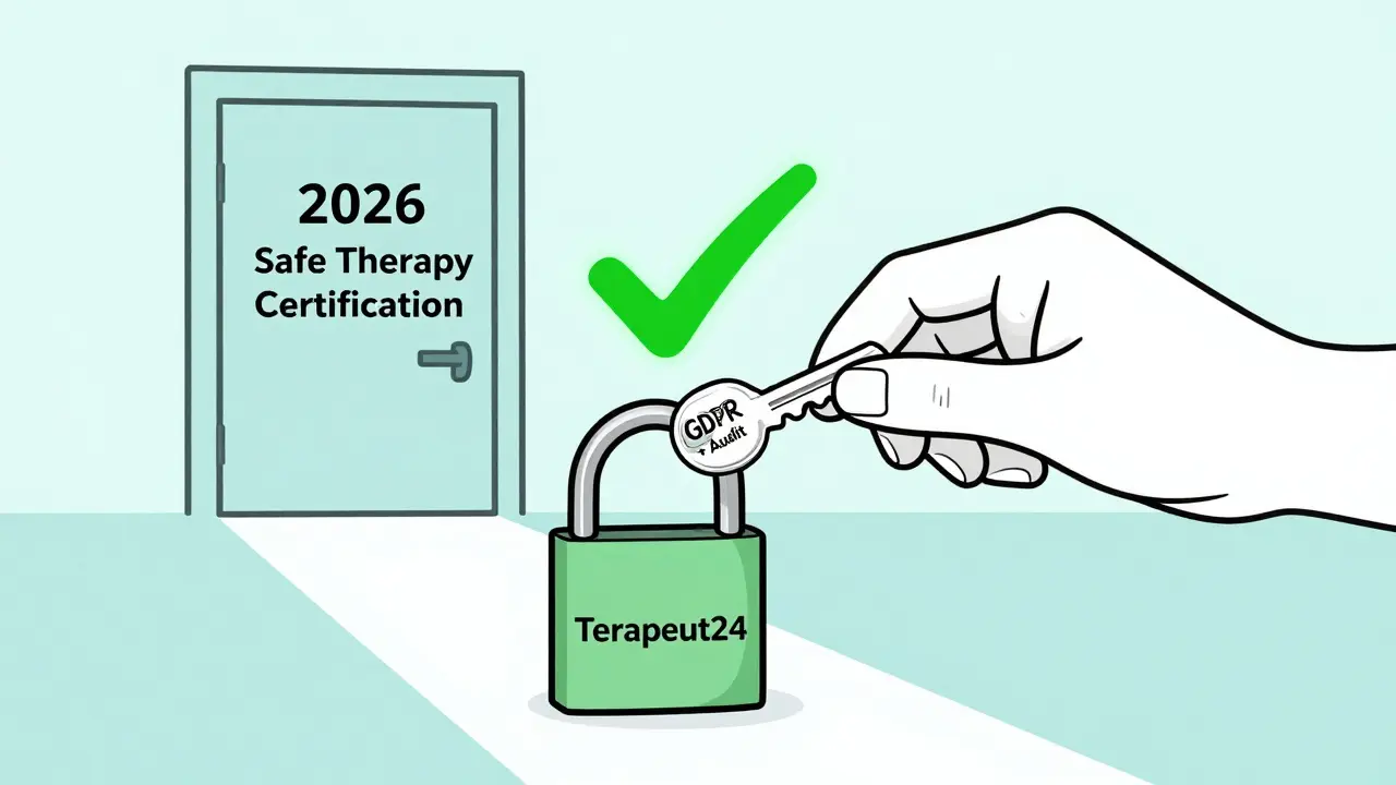 Ruka vkládá klíč do zámku označeného jako Terapeut24, vedoucí k certifikaci bezpečné terapie v roce 2026.