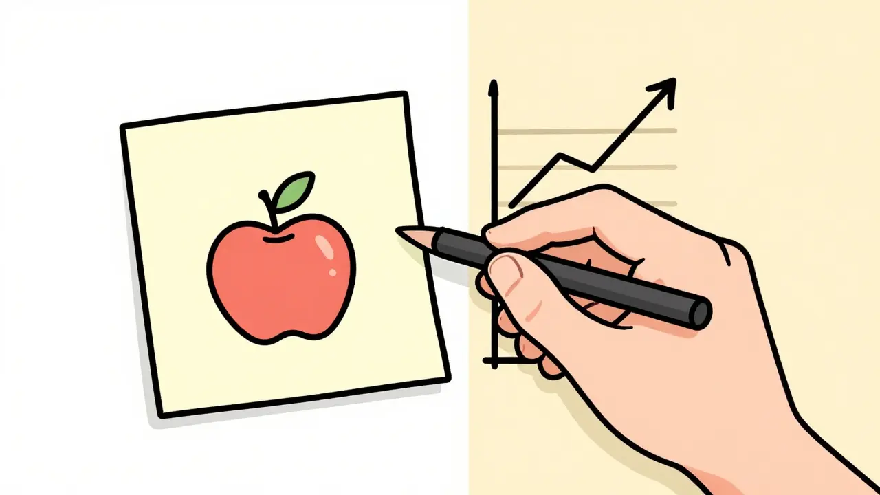Rukou kreslený cíl jablka vedle grafu pokroku v terapii.