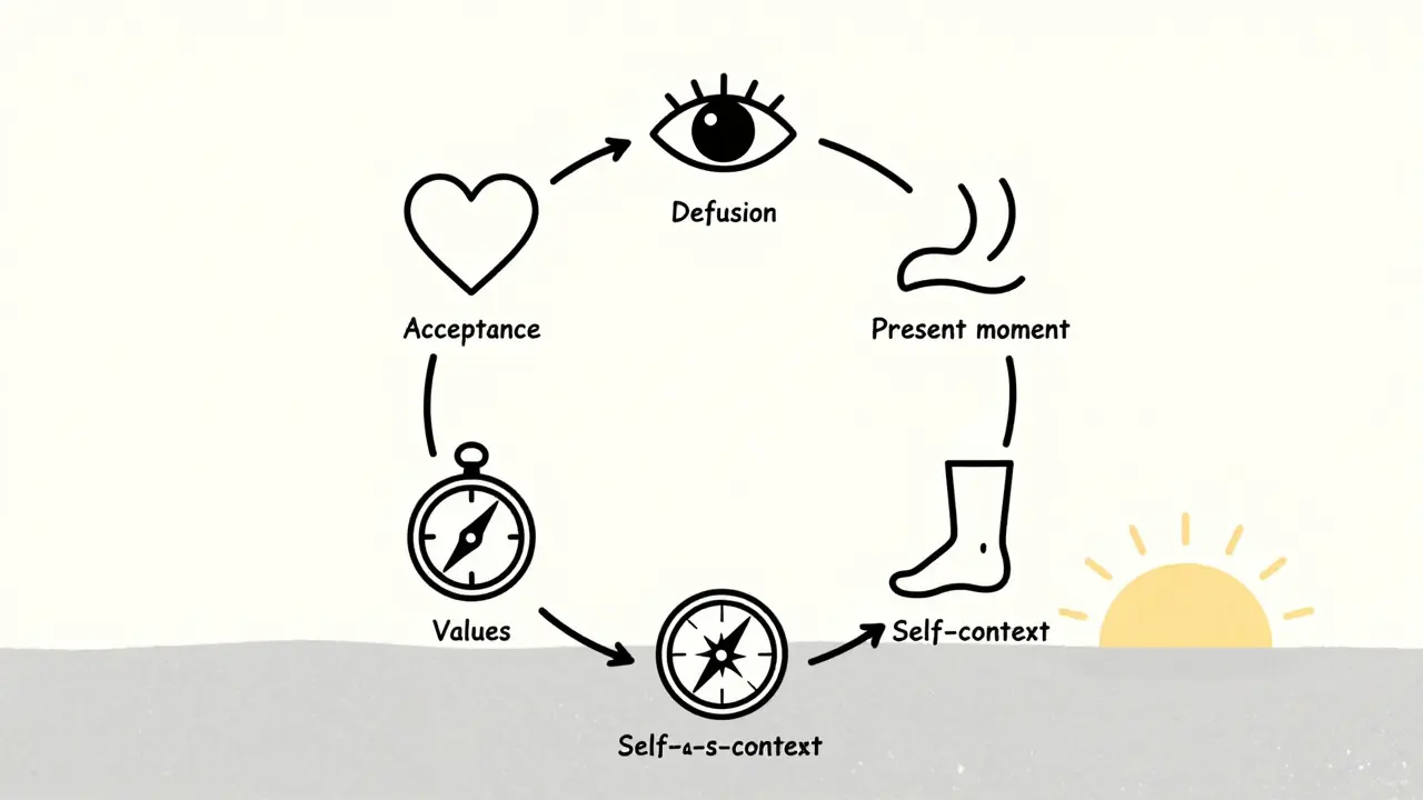 Šest symboů ACT spojených kruhem vedoucím k slunci.