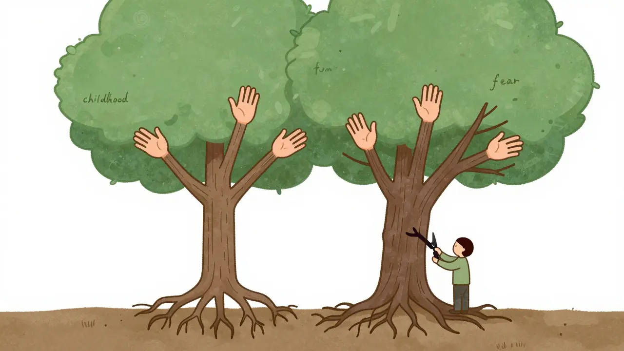 Strom s kořeny z minulosti, který se mění na otevřené ruce, symbolizující uzdravení.