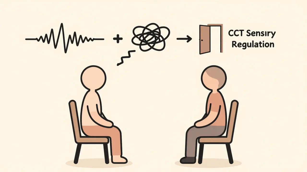 Terapeut a klient s vizuálními symboly regulačních strategií nad hlavou.