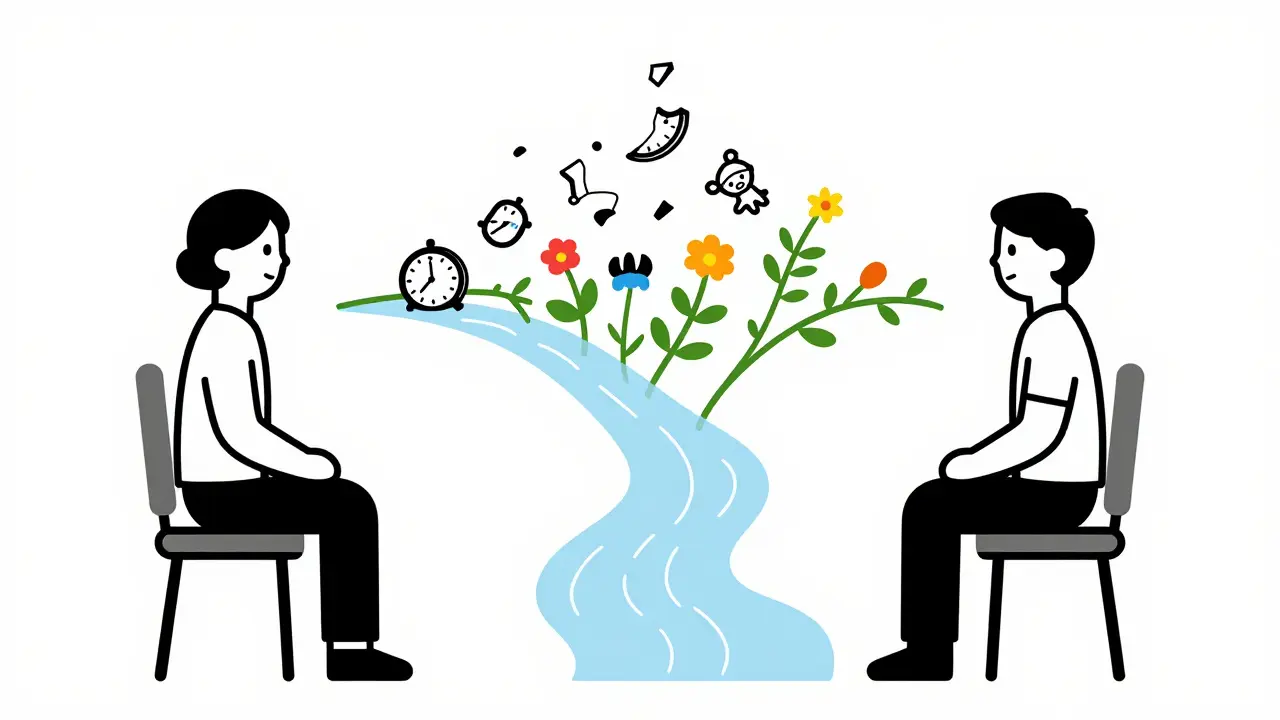 Terapeut a klient sedí vedle sebe, mezi nimi se mění kousky vzpomínek v kvetoucí rostliny.