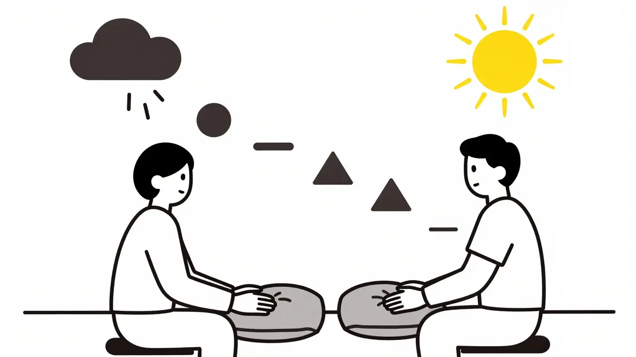 Terapeut a klient spolu v klidu, osm kroků EMDR jako abstraktní schody k uzdravení.