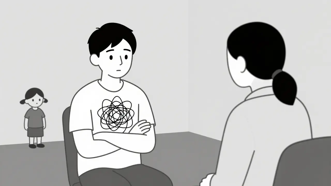 Terapeut a klient v místnosti, spojení s dětskou verzí klienta.