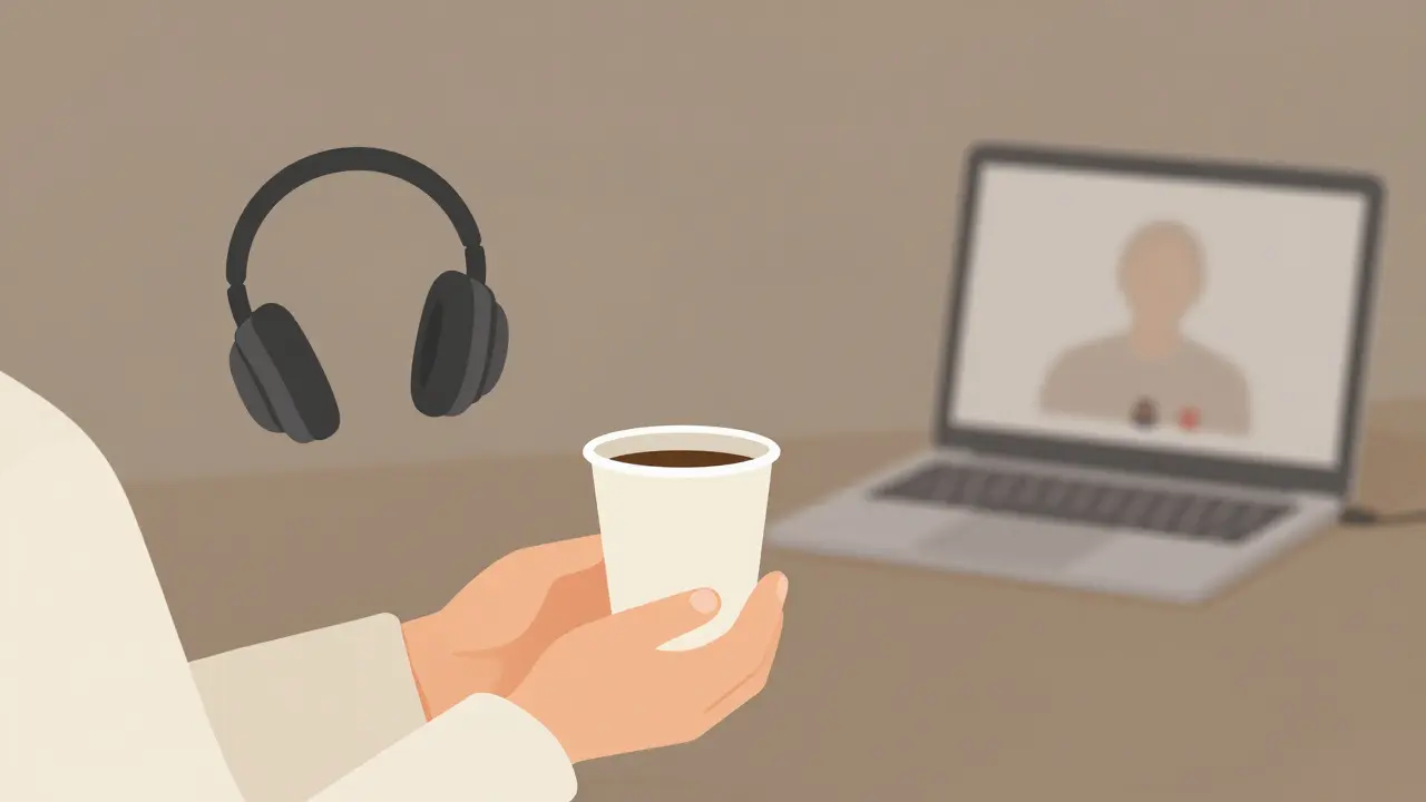 Terapeutova ruka drží šálek, vedle ní sluchátka a laptop s videohovorem.