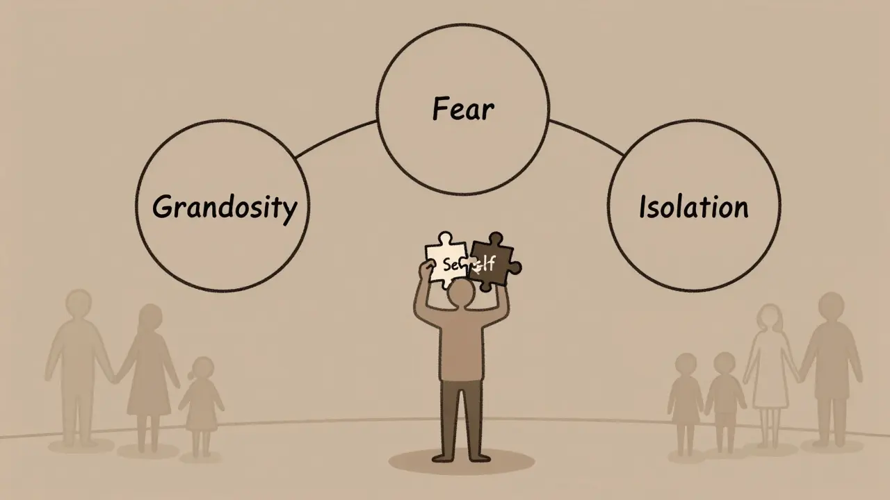 Tři propojené kruhy symbolizující grandióznost, strach a izolaci u osoby s NPD.