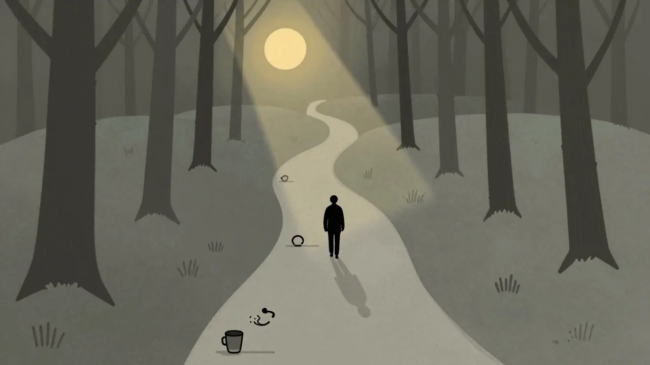 Cesta lesem s malými symboly kroku, končící slunečním paprskem.