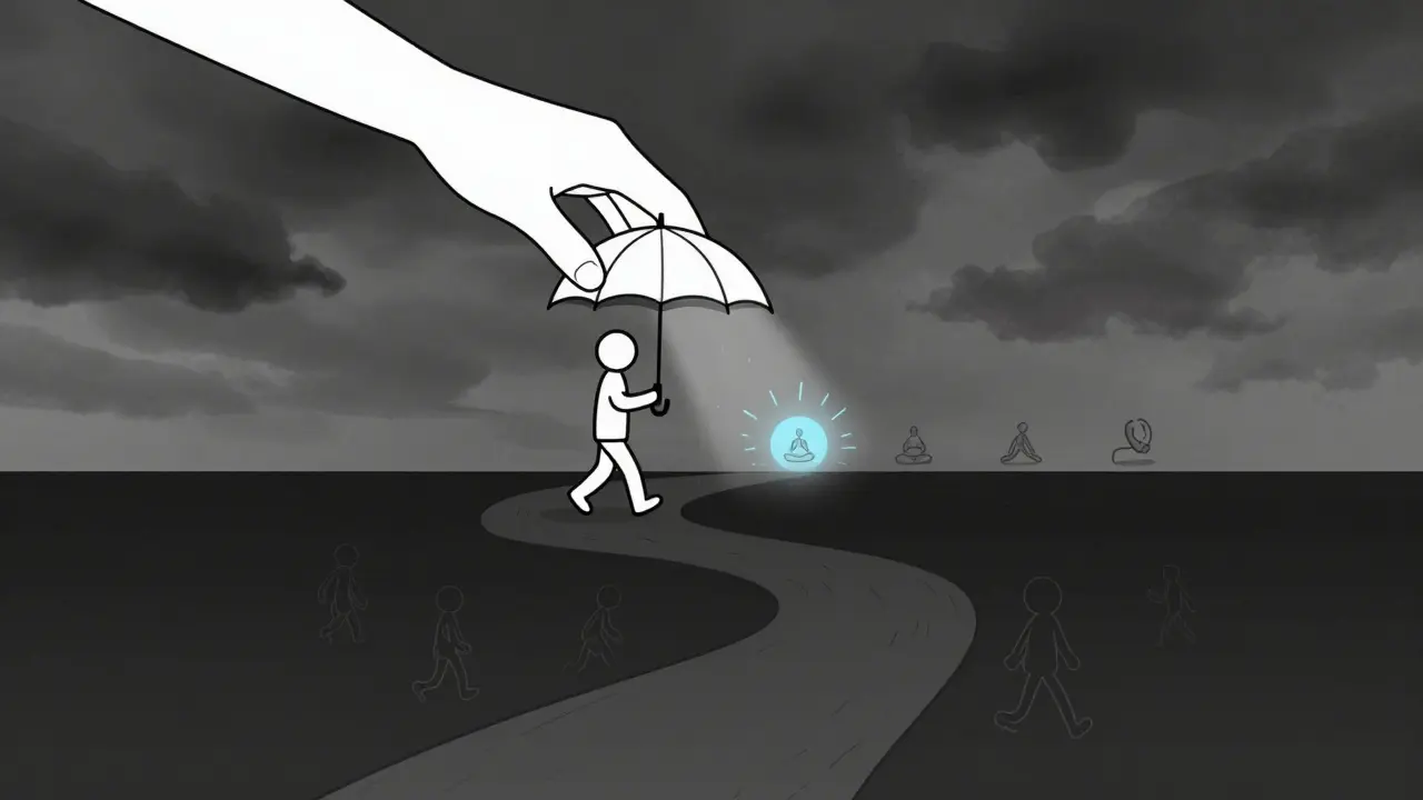 Člověk kráčí deštěm pod deštníkem tvaru ruky, za ním stíny minulosti, vpředu světlo.