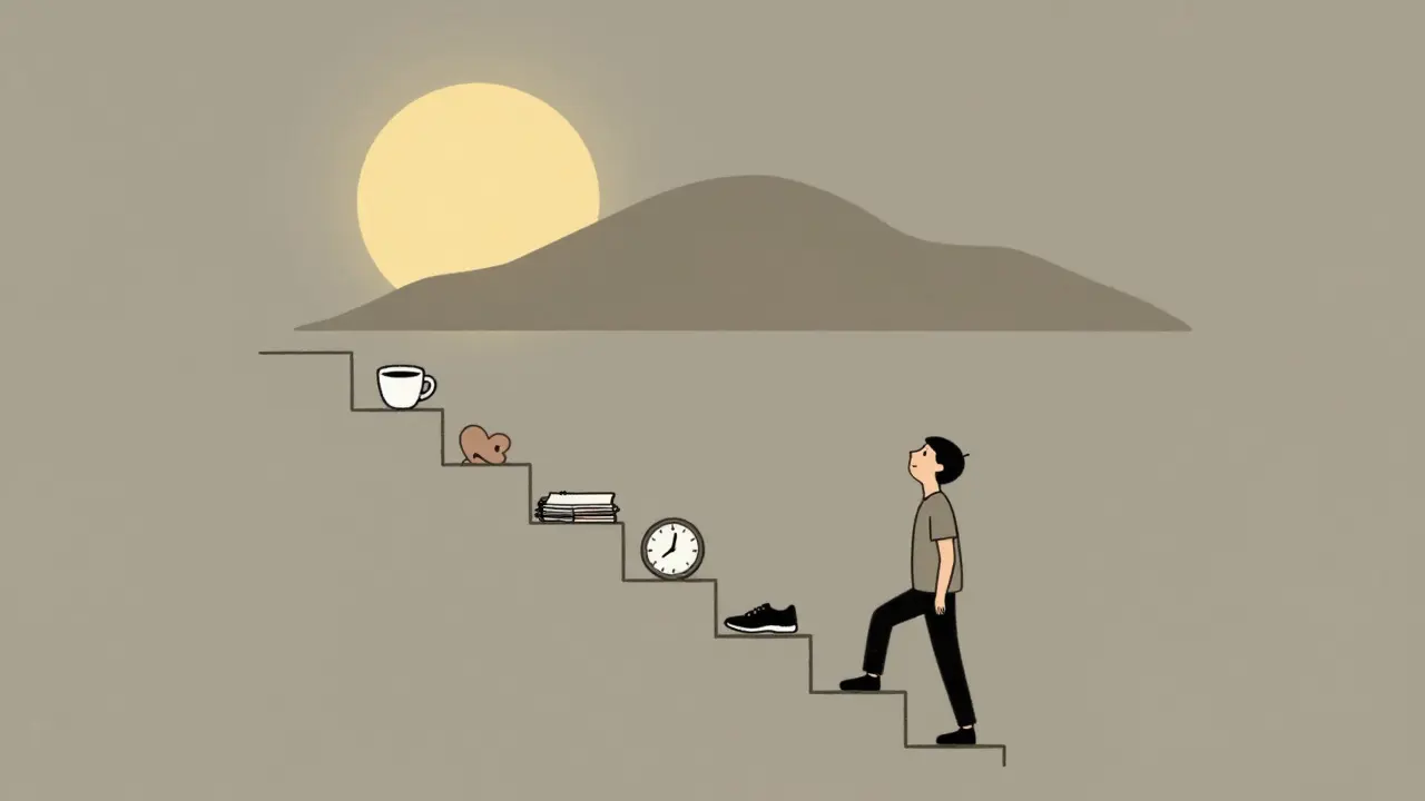 Člověk postupně stoupá po schodech z malých každodenních kroků k lepší duševní pohodě.