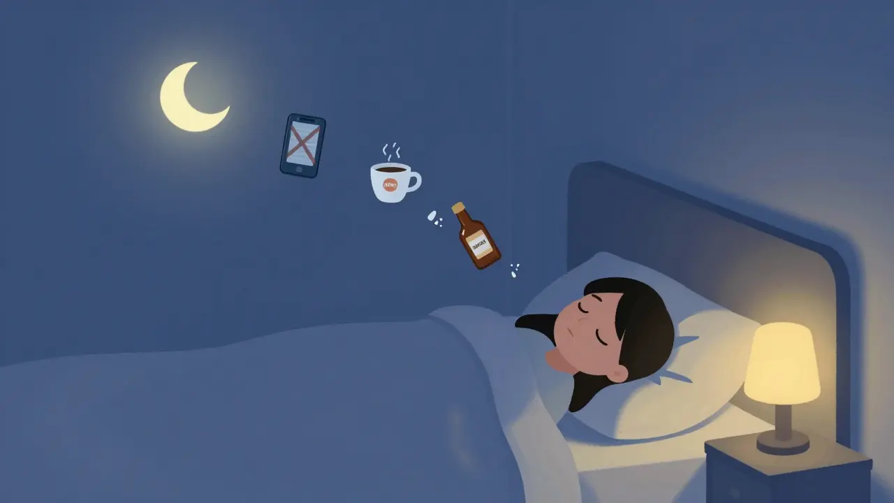 Člověk spí v klidu, kolem něj se odstraňují škodlivé návyky.