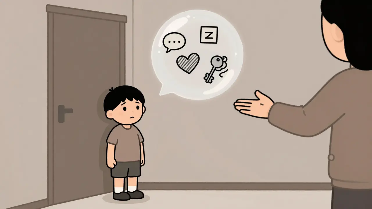 Dítě stojí u dveří, rodič mu nabízí ruku, symbolizující podporu a slyšení.