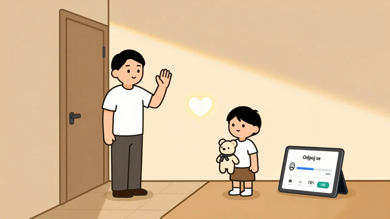 Dítě v klidu vzdává pozdrav rodiči u dveří, drží plyšovou hračku, na stole je aplikace Odpoj se.