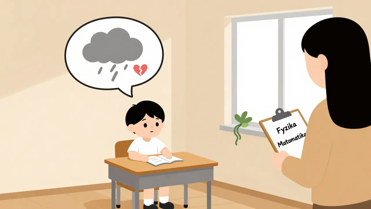 Dítě ve škole s myšlenkou bolesti, učitelka se neohlíží, psychika není vidět.