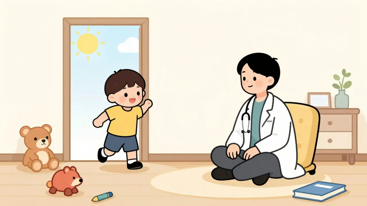 Dítě vstupuje do pohodlné místnosti s hračkami, psycholog ho vítá bez lékařských symbolů.