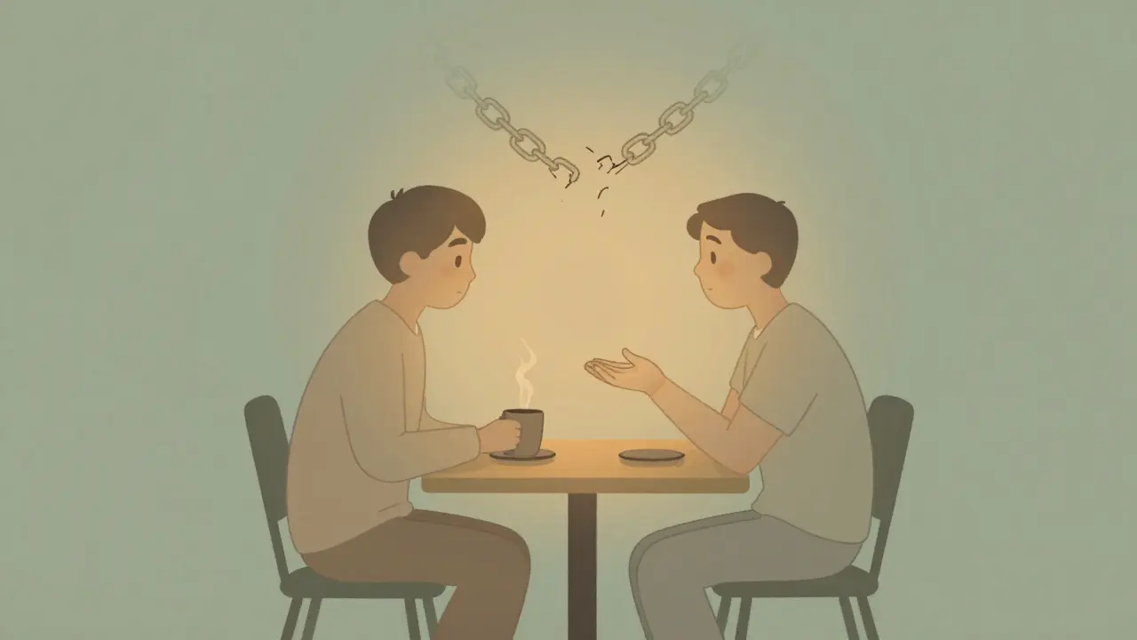 Dva lidé u kávy, jeden přetahuje ruku, vzniká spojení bez slov.