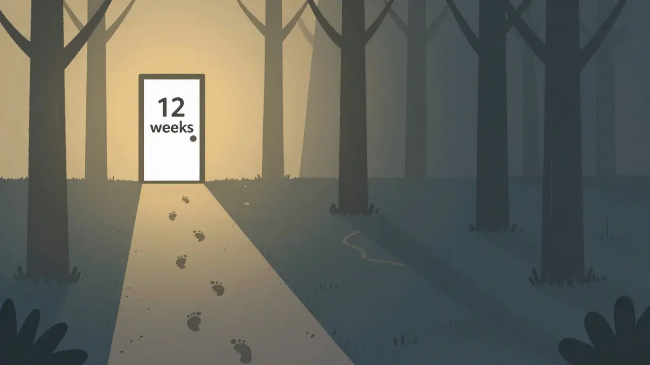 Dvě cesty: jedna vede k dveřím, druhá do lesa s opakujícími se stíny depresivních epizod.