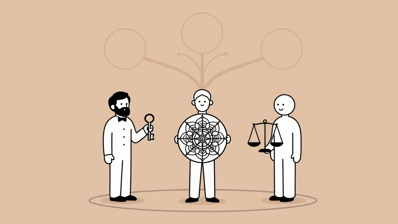 Freud, Jung a Adler drží symboly svých teorií v kruhu, znázorňující vývoj psychoterapie.