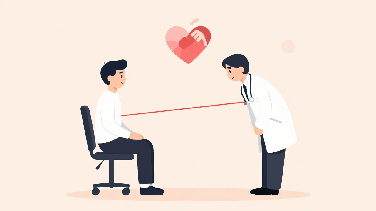 Moderní terapeut a klient v české kanceláři, emoce znázorněny abstraktně nad jejich hlavami.