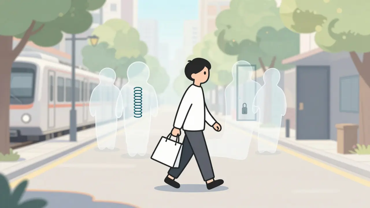 Osoba chodí po ulici, staré strachy se v ní rozplynuly.