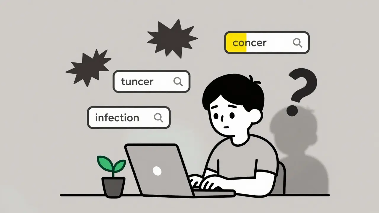 Osoba hledá příznaky nemocí na počítači, kolem ní se vznášejí temné ikony onemocnění.