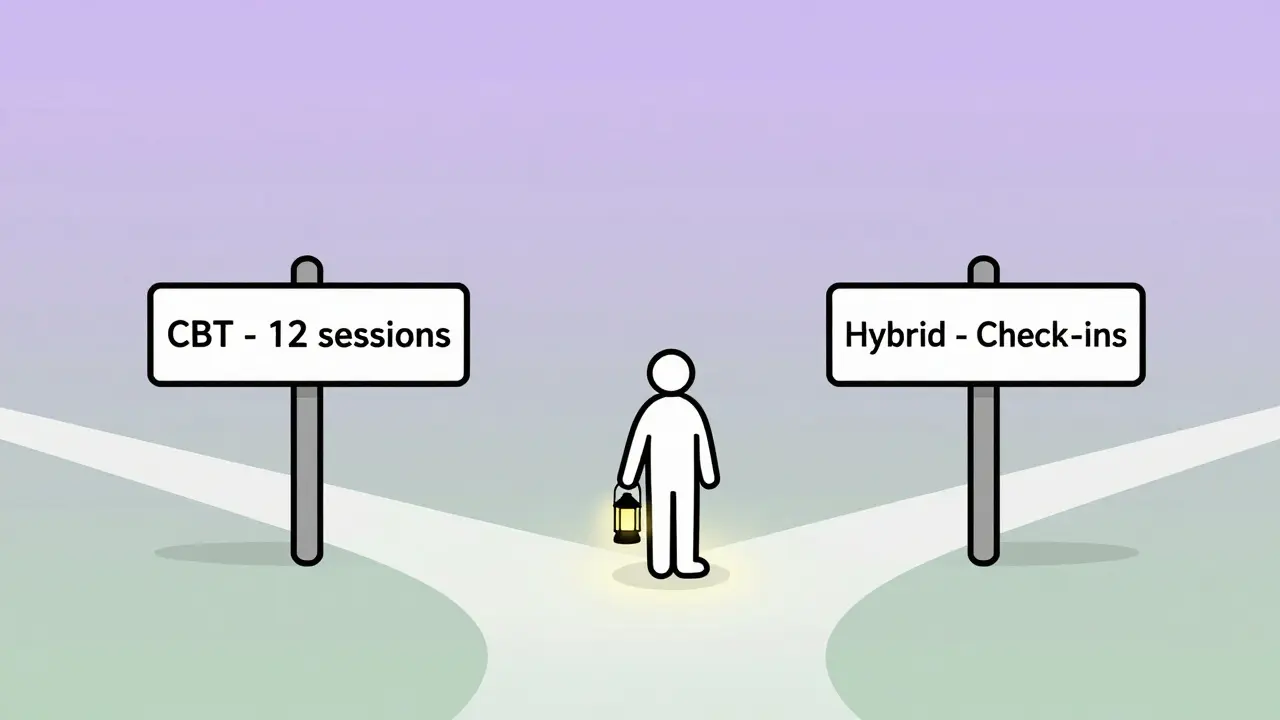 Osoba na rozcestí s třemi možnostmi terapie, světlo z laterny osvětluje všechny cesty.