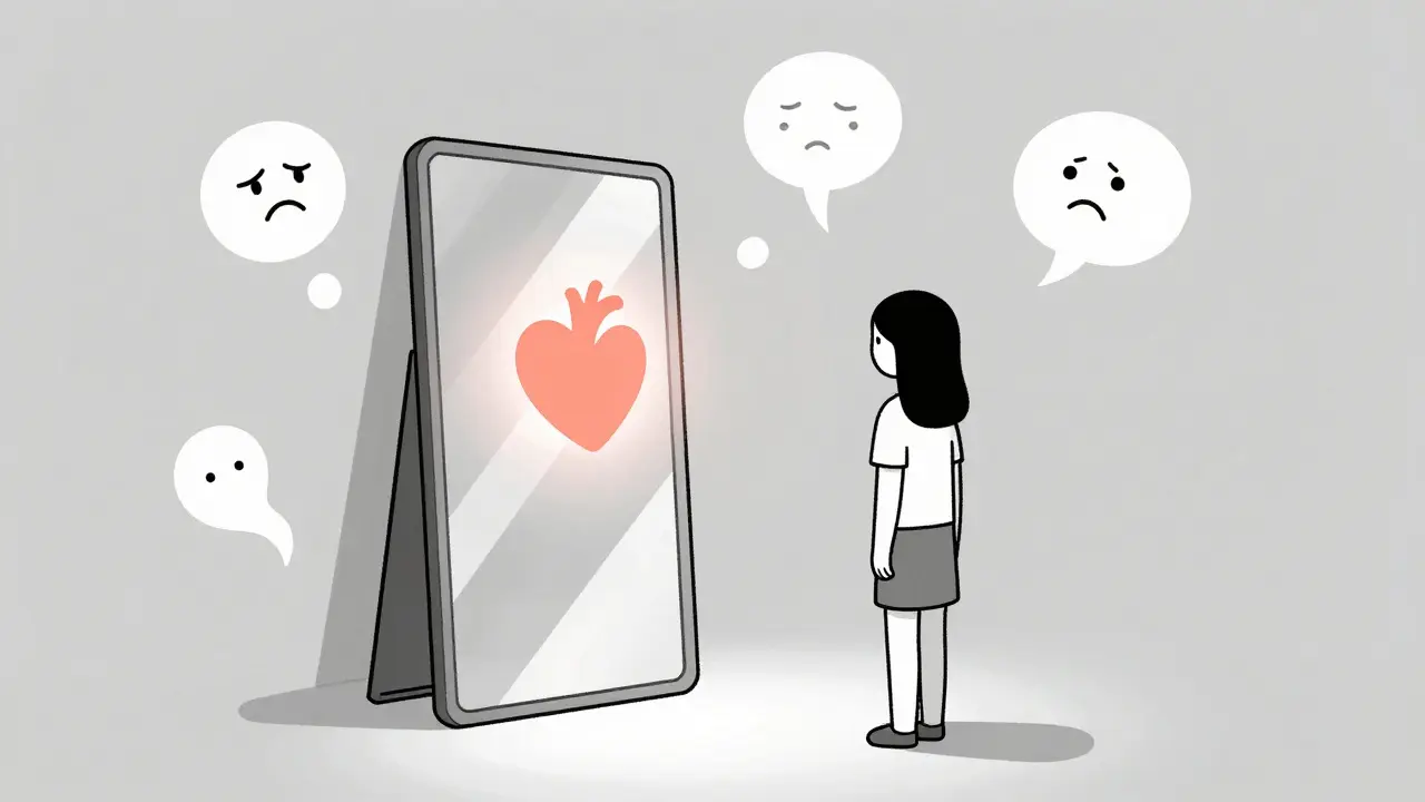 Osoba se dívá do zrcadla, kde místo obličeje vidí srdce, zatímco úzkosti mizí.