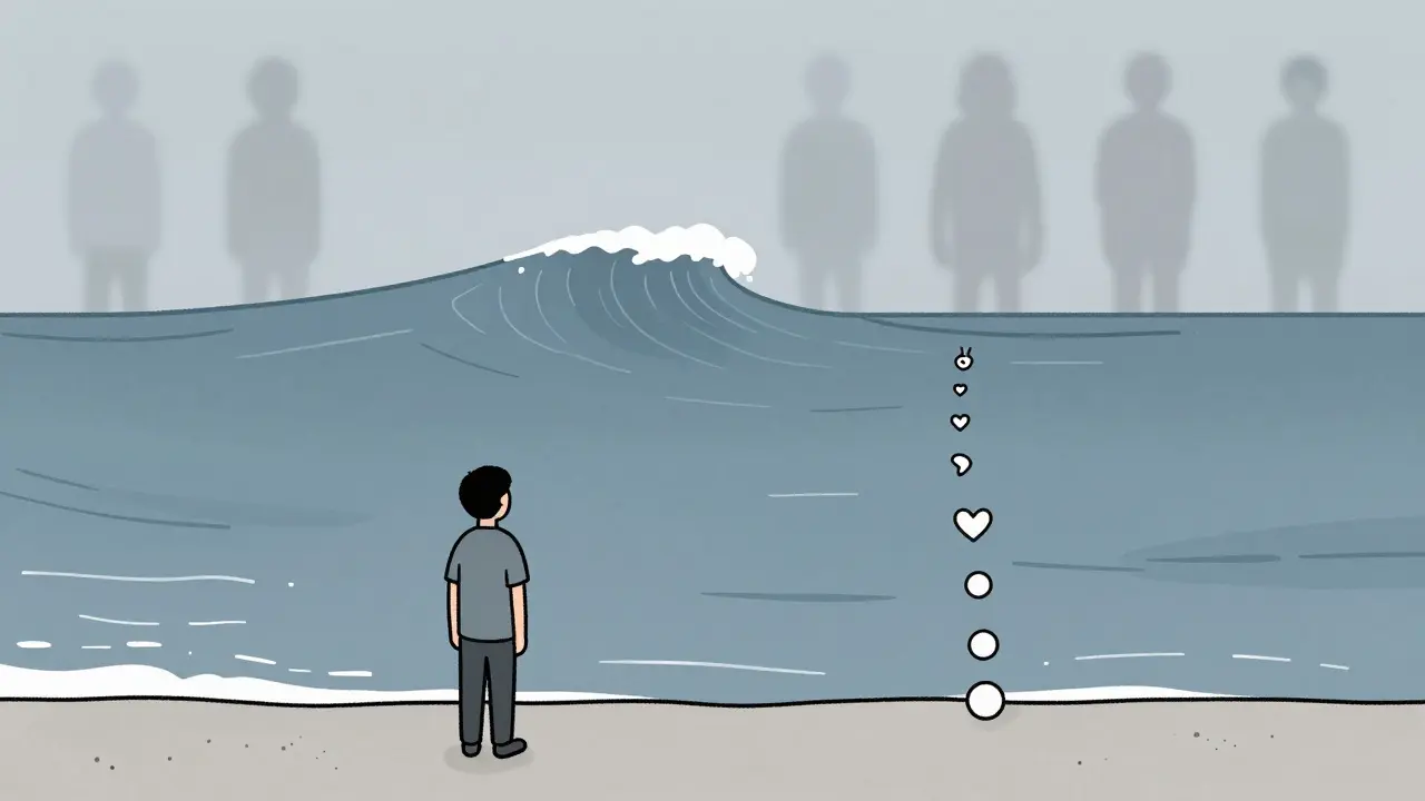 Osoba sleduje vlnu, zatímco minulé relapsy mizí, cesta k uzdravení se objevuje.