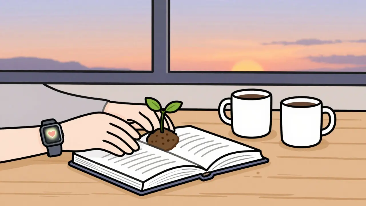 Otevřená kniha a malá rostlinka na stole, chytrý náramek a kávové šálky, symbolizující každodenní péči o vztah.