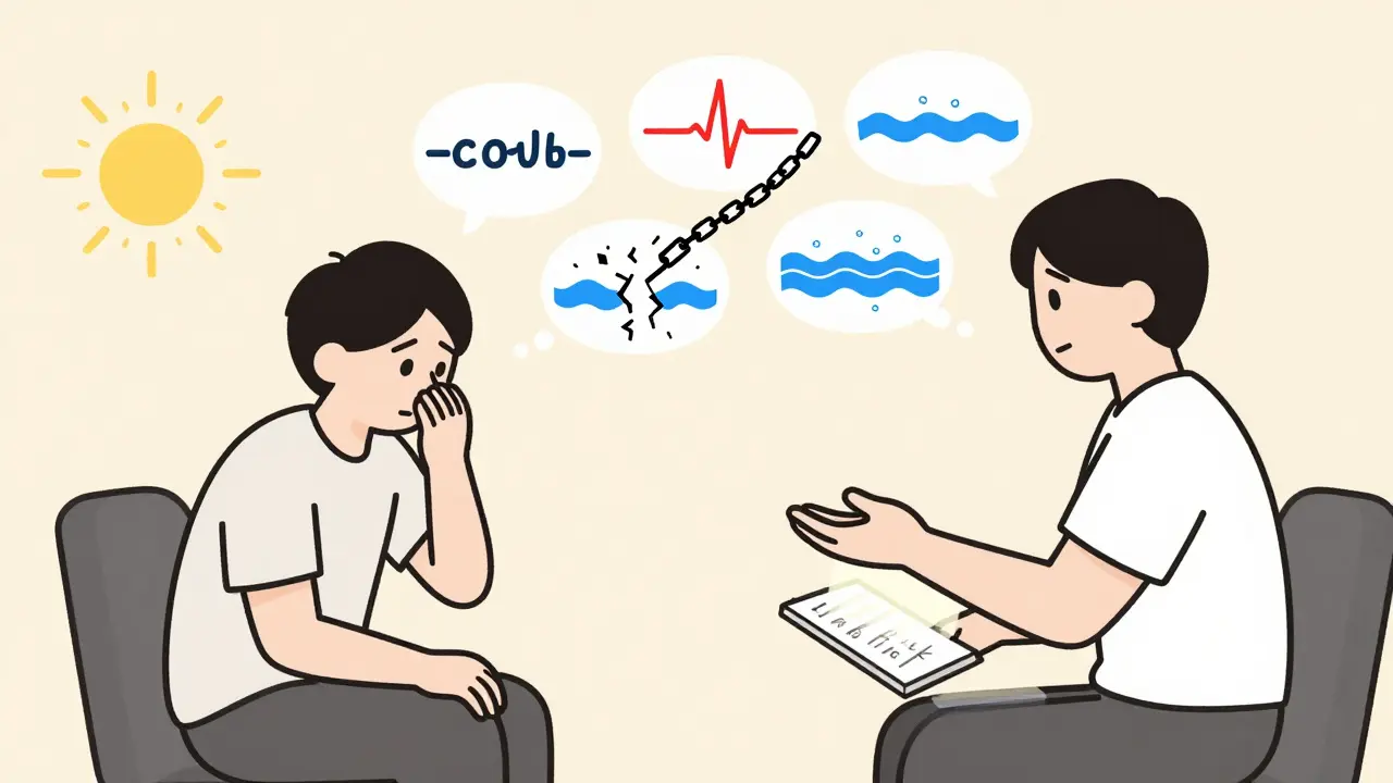 Pacient a terapeut v místnosti, mezi nimi se rozbíjejí myšlenky nemoci a objevuje se klid.