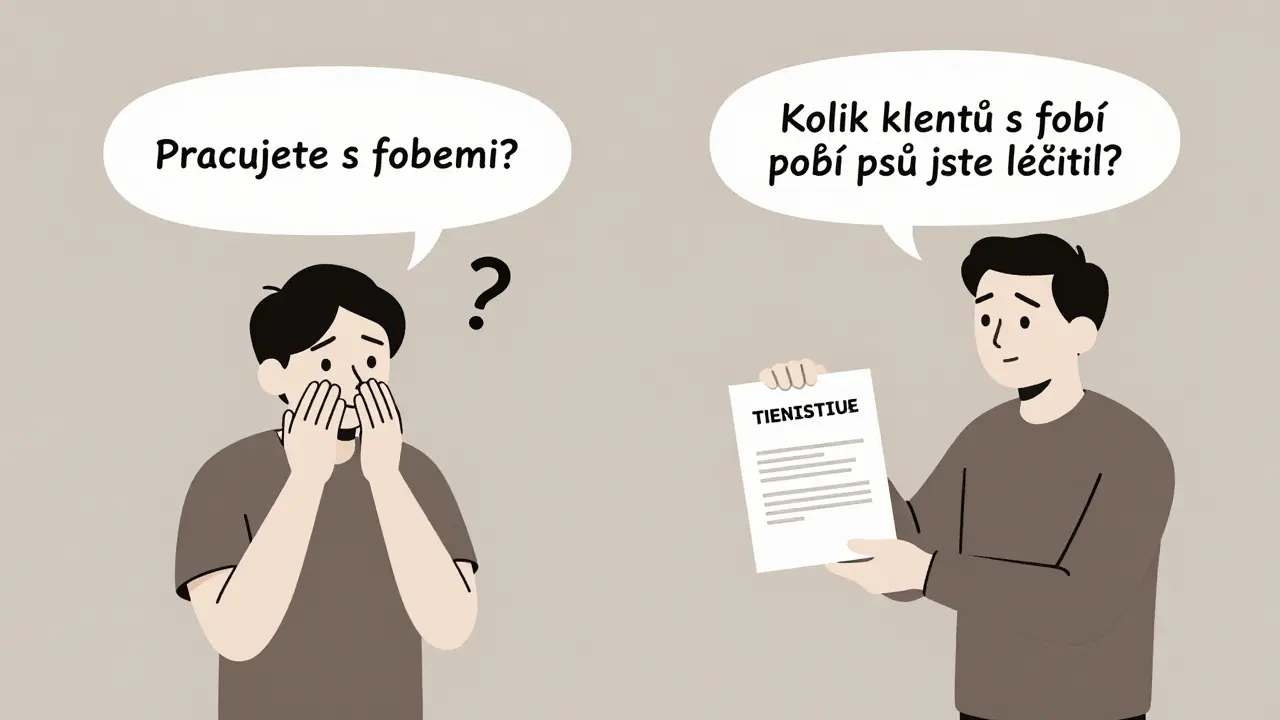 Porovnání dvou způsobů ptání terapeuta — obecné vs. konkrétní otázky o zkušenostech.