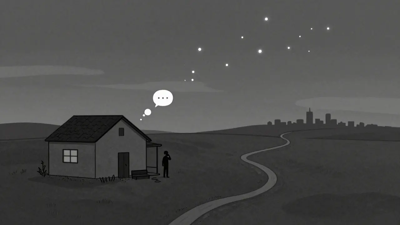 Postava na venkovském dvoře hovoří po telefonu, spojená s terapeutem hlasovými bublinkami.