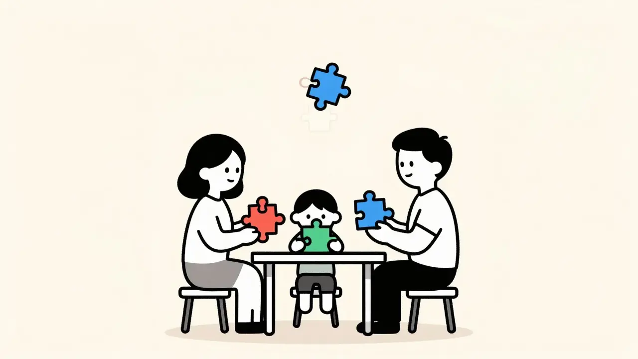 Rodina drží barevné kousky skládačky, jeden kousek chybí, symbolizující léčbu.