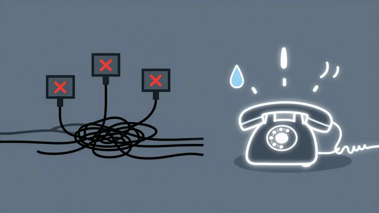 Rozdělený obrázek: zablokované videohovory vs. jednoduchý telefon s emocionálními znaky.