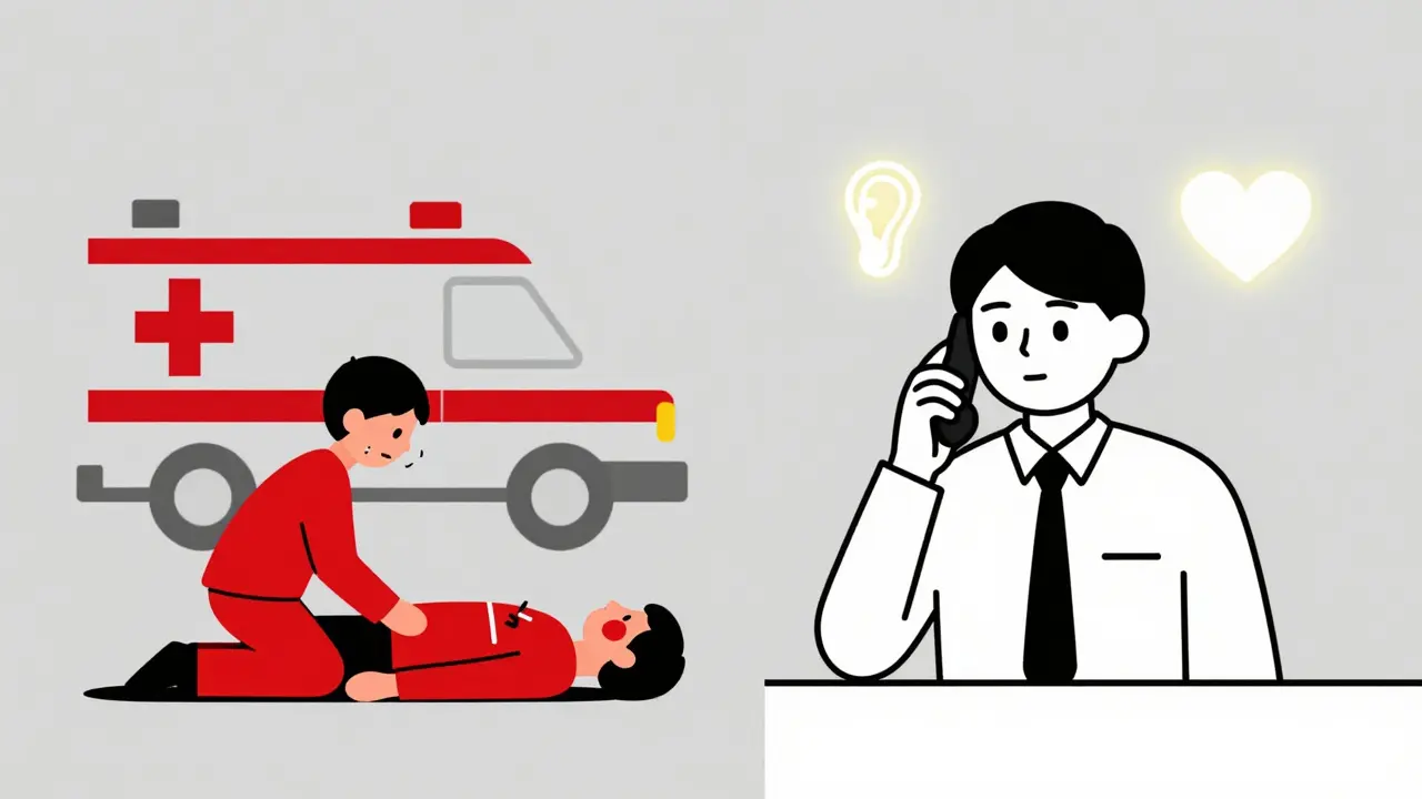 Rozdělený scénář: sanitka s zraněným na jedné straně, operátor s kladivem a srdcem na druhé.