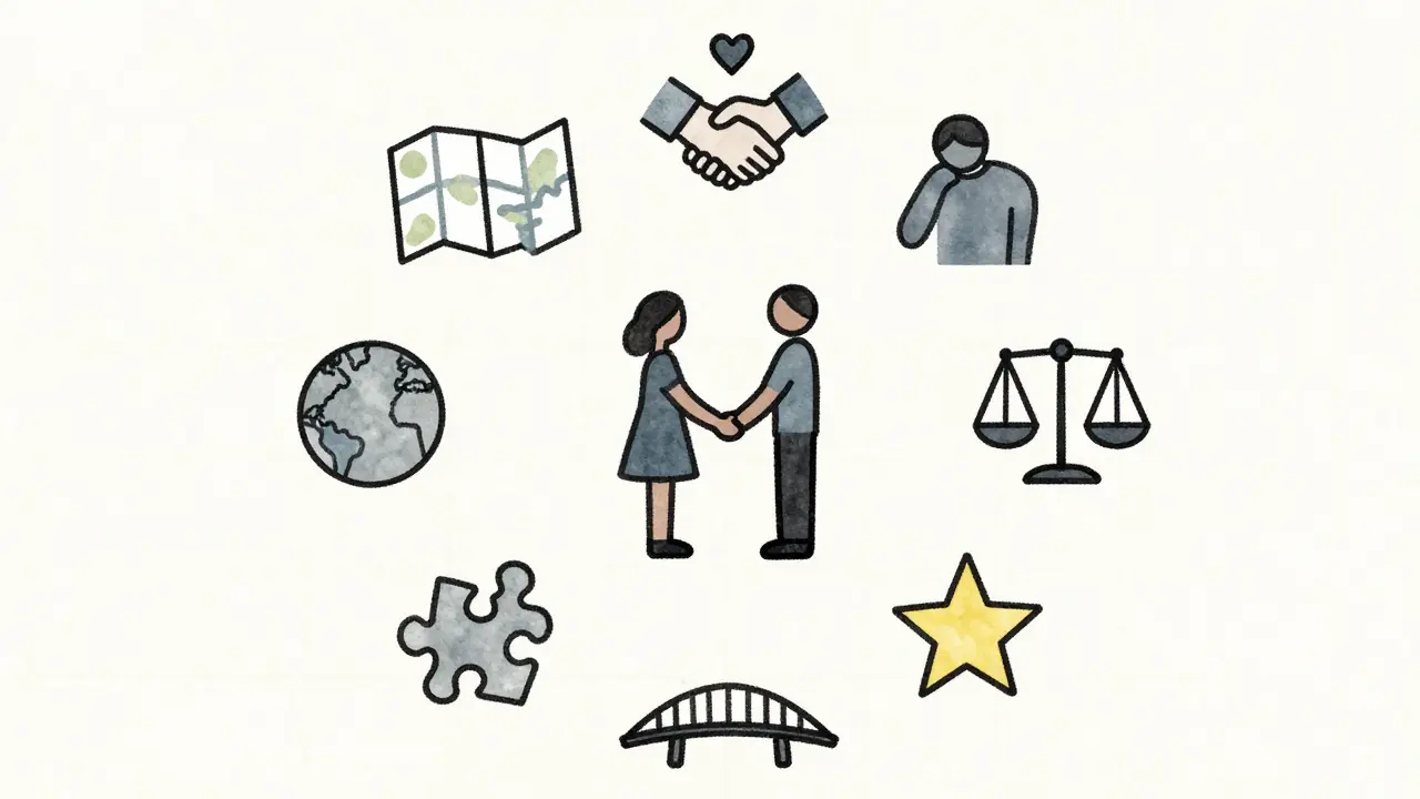 Sedm symbolů kolem dvojice, každý reprezentuje jeden princip Gottmanovy metody, klidná a vědecky inspirovaná scéna.