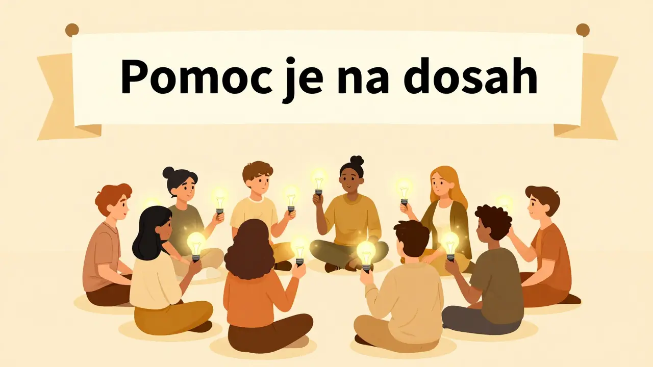 Skupina lidí sdílí své světlo v kruhu, symbolizující otevřenost o duševním zdraví.