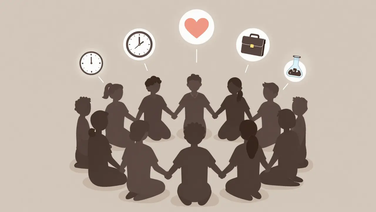 Skupina lidí v kruhu s symboly podpory: terapie, rodina, práce, kontroly.